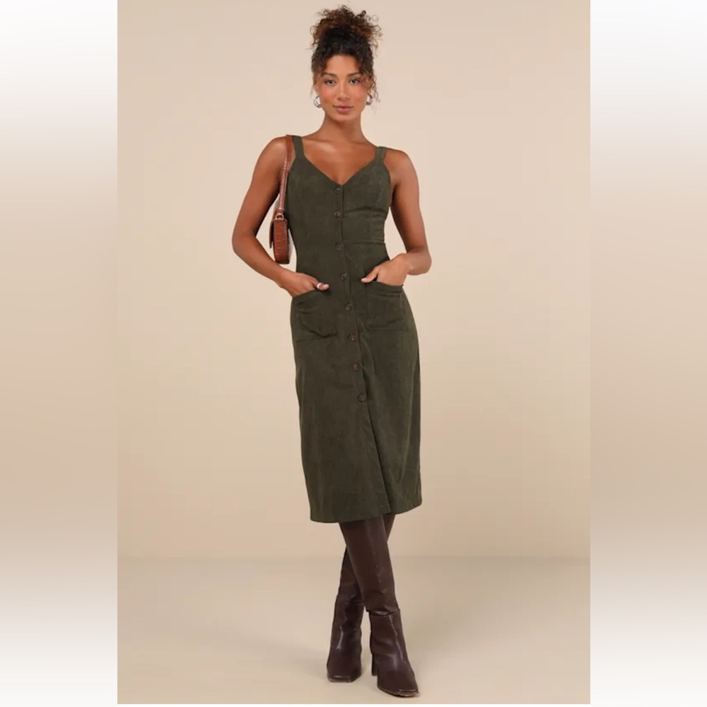 Lulu's Forest Green Button-Front Midi Dress